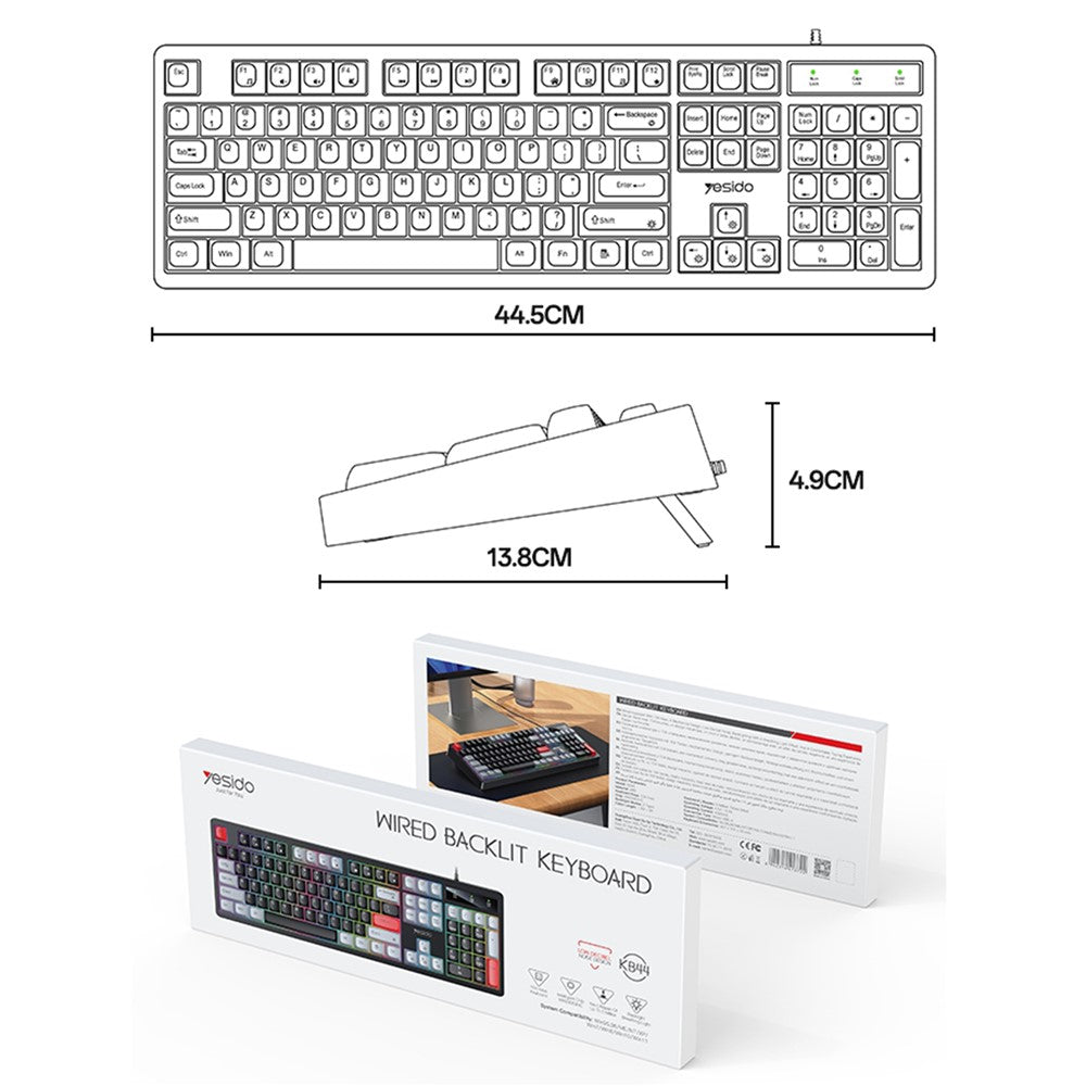 YESIDO KB44 104 Keys Wired Keyboard with RGB Backlight Low Noise Mechanical Keyboard, English + Arabic Version