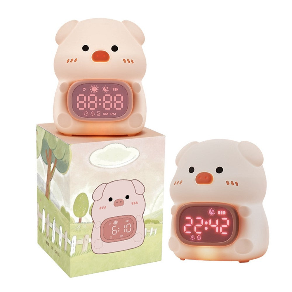 JXJB086 Cute Pig-Shaped Silicone Alarm Clock Night Light RGB Colorful 3-Brightness Levels Night Lamp for Kids Bedroom