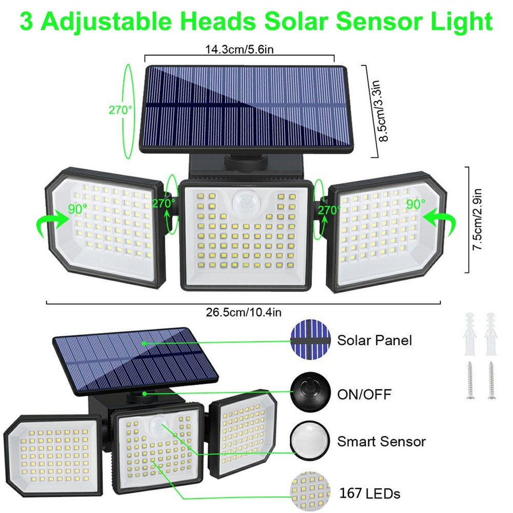 3-Head LED Solar Wall Light Motion Sensor 167-LED IP65 Waterproof Adjustable Security Light for Outdoor Garden