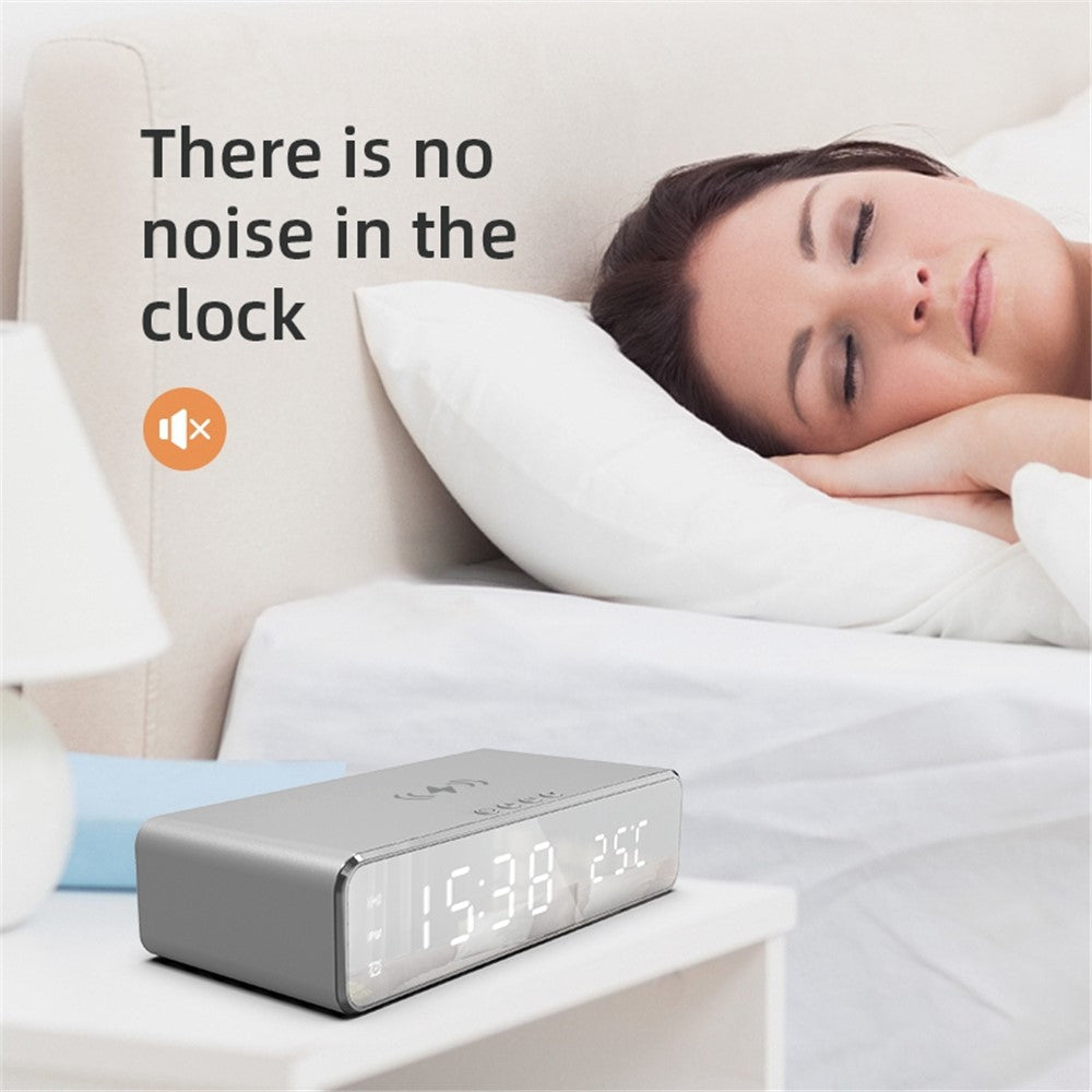 HYY-WX03 Multifunctional Desktop LED Digital Display Alarm Clock Mirror Surface Thermometer with Wireless Charger Function