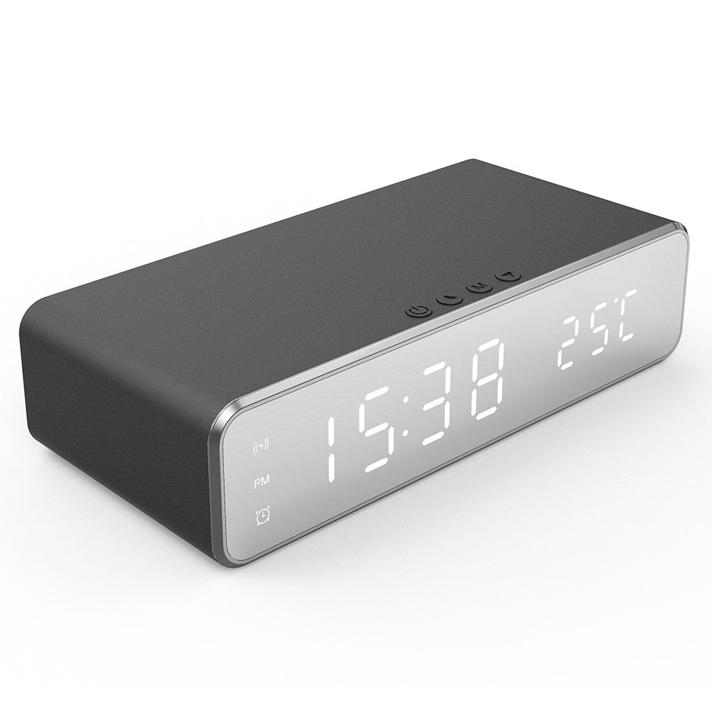 HYY-WX03 Multifunctional Desktop LED Digital Display Alarm Clock Mirror Surface Thermometer with Wireless Charger Function