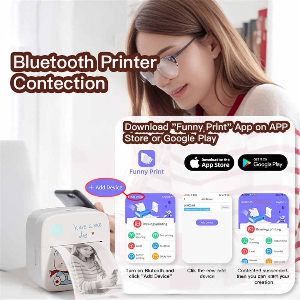 LX-D2 Bluetooth-compatible Photo Picture Smart Mini Printer with English Labels+5 Rolls 30mm Paper