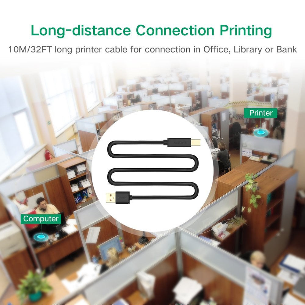 UGREEN 10374 10m USB Printer Cable with Amplifier Extender USB2.0 Male to USB B Male Printer Cord Support 480 Mbps Data Transfer Compatible with Mac/HP/Canon/Dell/Xerox/Samsung