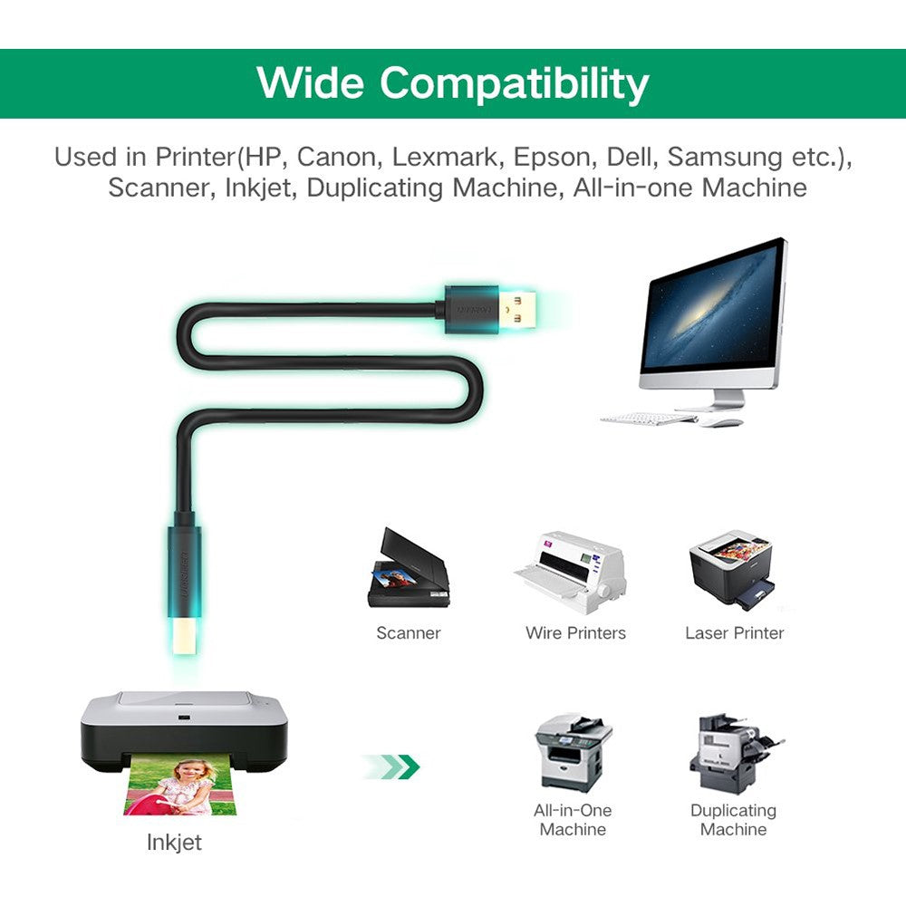 UGREEN 10374 10m USB Printer Cable with Amplifier Extender USB2.0 Male to USB B Male Printer Cord Support 480 Mbps Data Transfer Compatible with Mac/HP/Canon/Dell/Xerox/Samsung