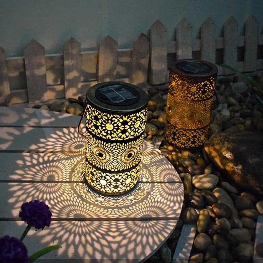 Solar Powered 3-Tier Hollow Out Projection Light Iron Art Decorative Hanging Lantern for Garden Patio