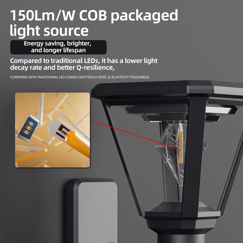 Solar Garden Light 30W 2700K Warm White COB Villa Outdoor Post Landscape Lamp with Base