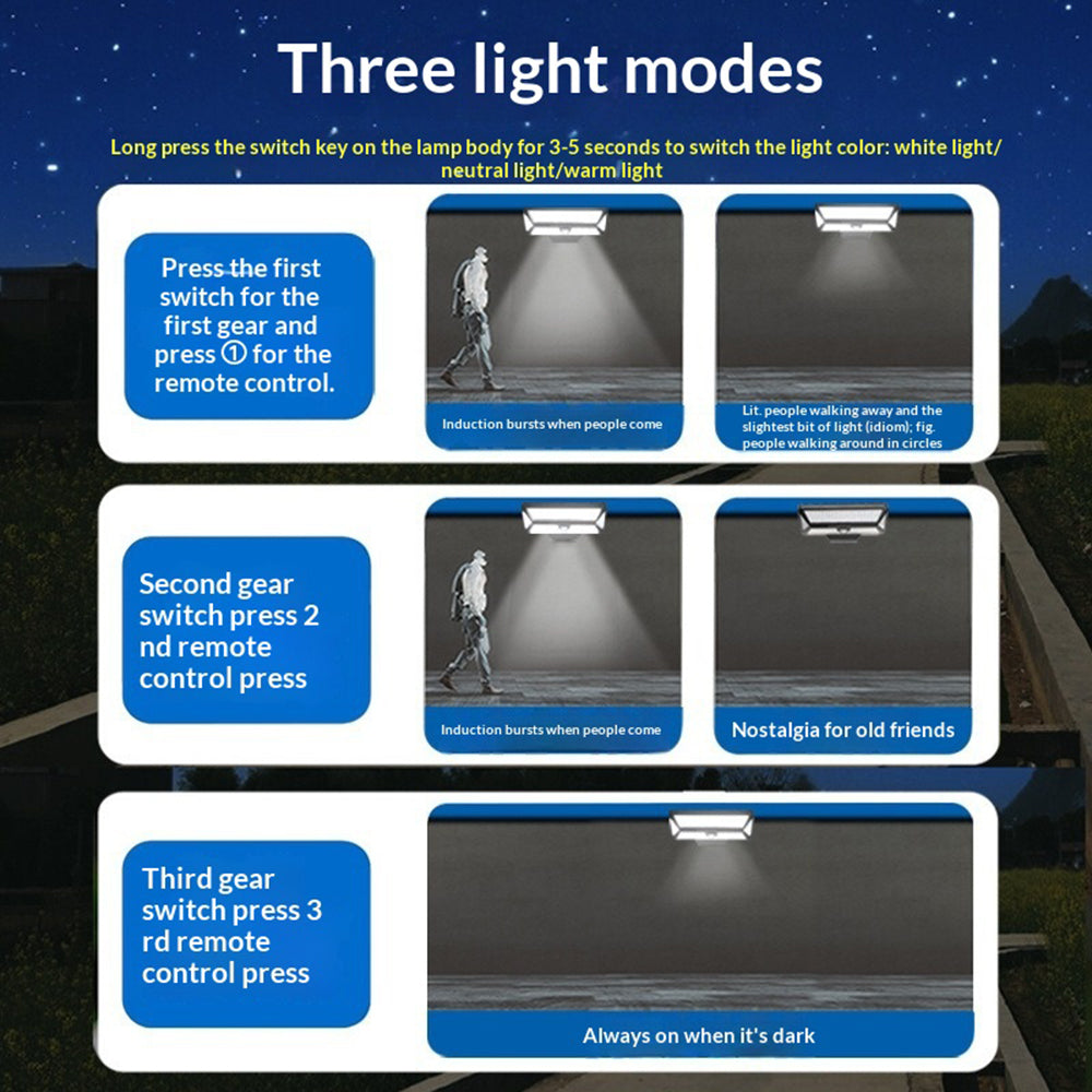 GY00803 3 Color Modes 208 LEDs Motion Sensor Solar Light for Yard IP44 Waterproof Clip-on Garden Lamp