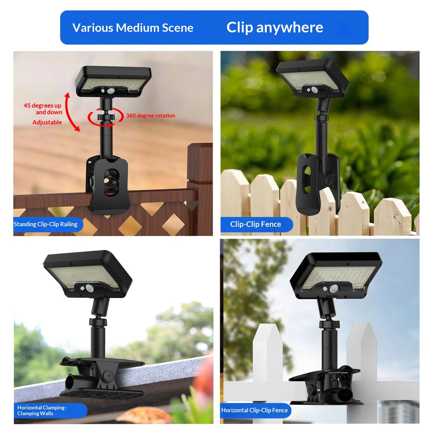 IP65 Waterproof Solar Outdoor Light PIR Motion Sensor LED Garden Light with Clamp for Yard