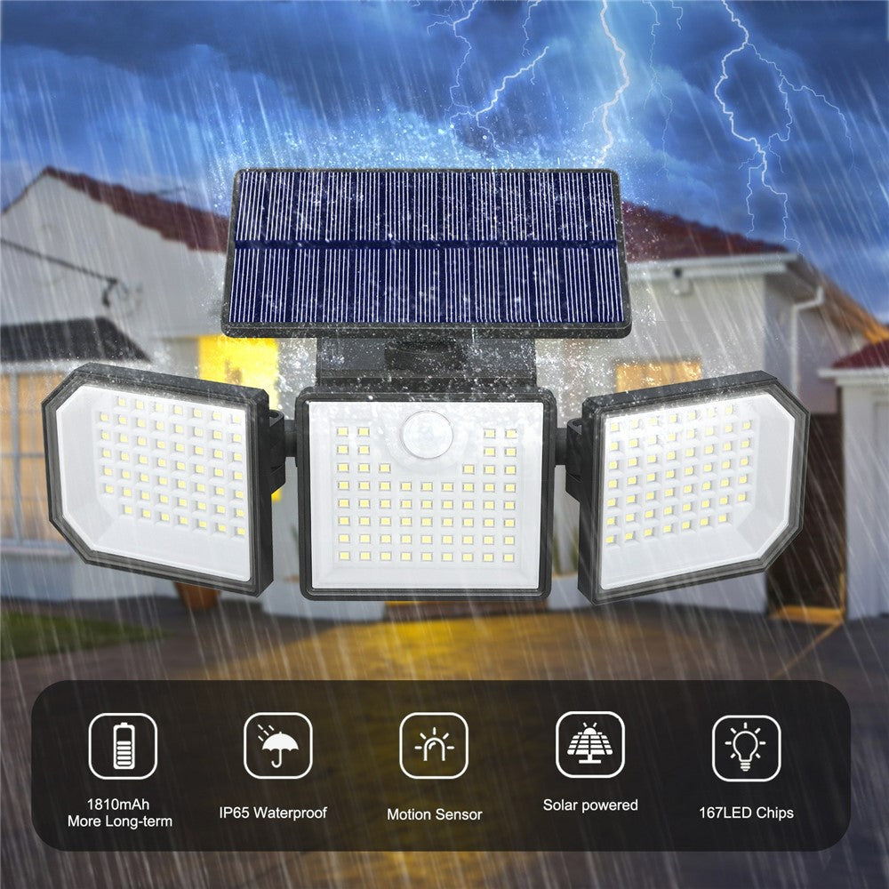 2Pcs 3-Head LED Solar Wall Light Motion Sensor 167-LED IP65 Waterproof Adjustable Security Light for Outdoor Garden