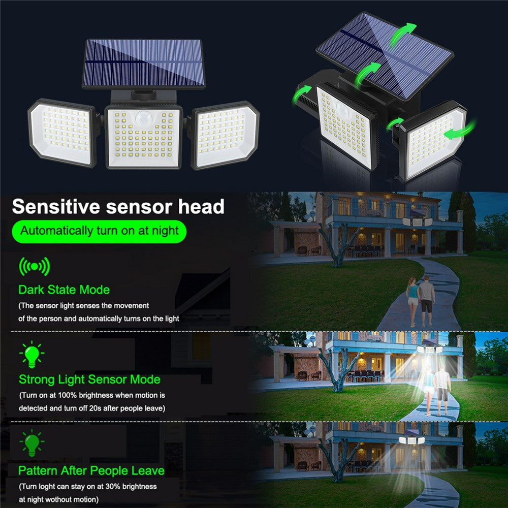 2Pcs 3-Head LED Solar Wall Light Motion Sensor 167-LED IP65 Waterproof Adjustable Security Light for Outdoor Garden
