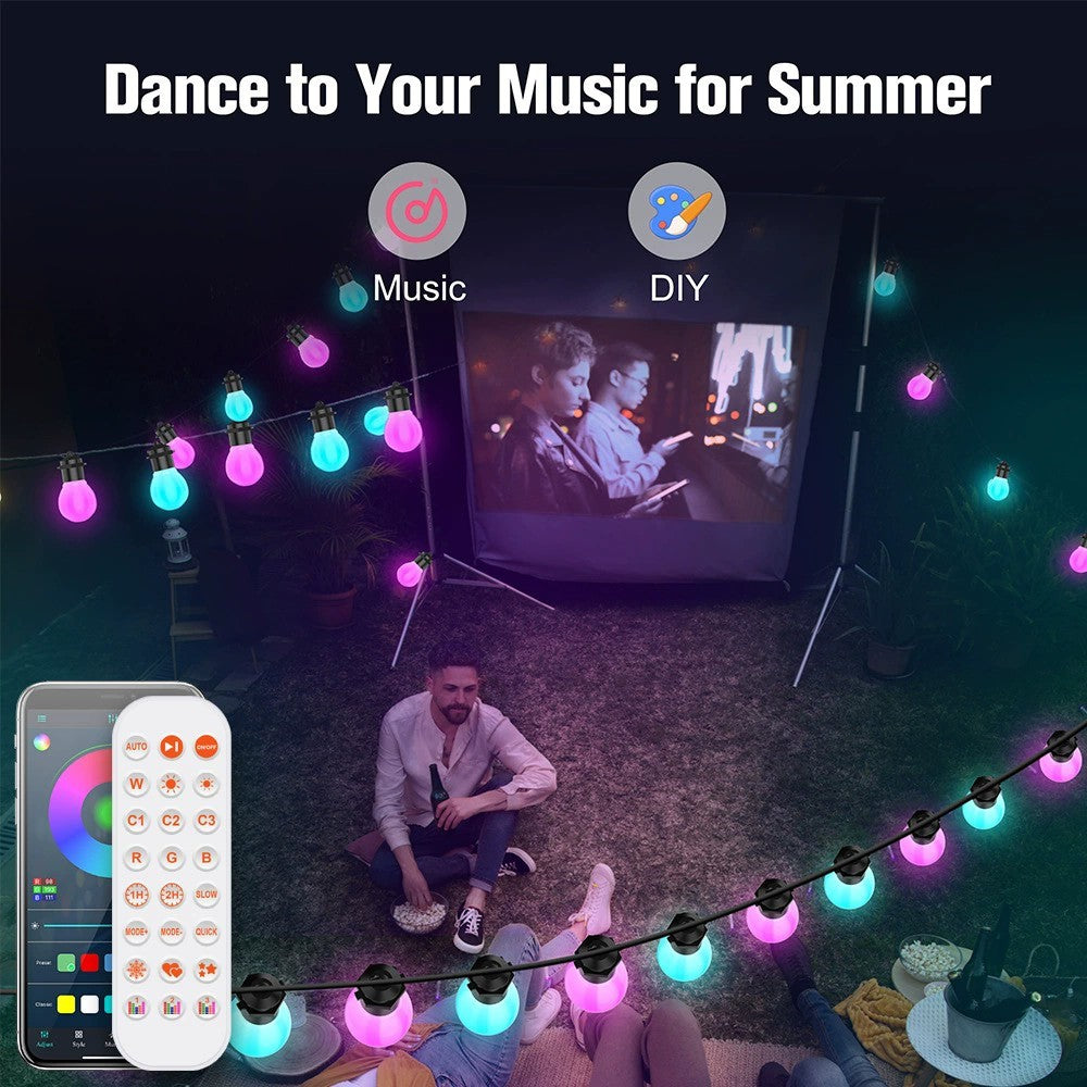 S14 Bluetooth-Compatible Smart Outdoor String Lights 12M 20 Bulbs RGBIC LED App and Voice Control