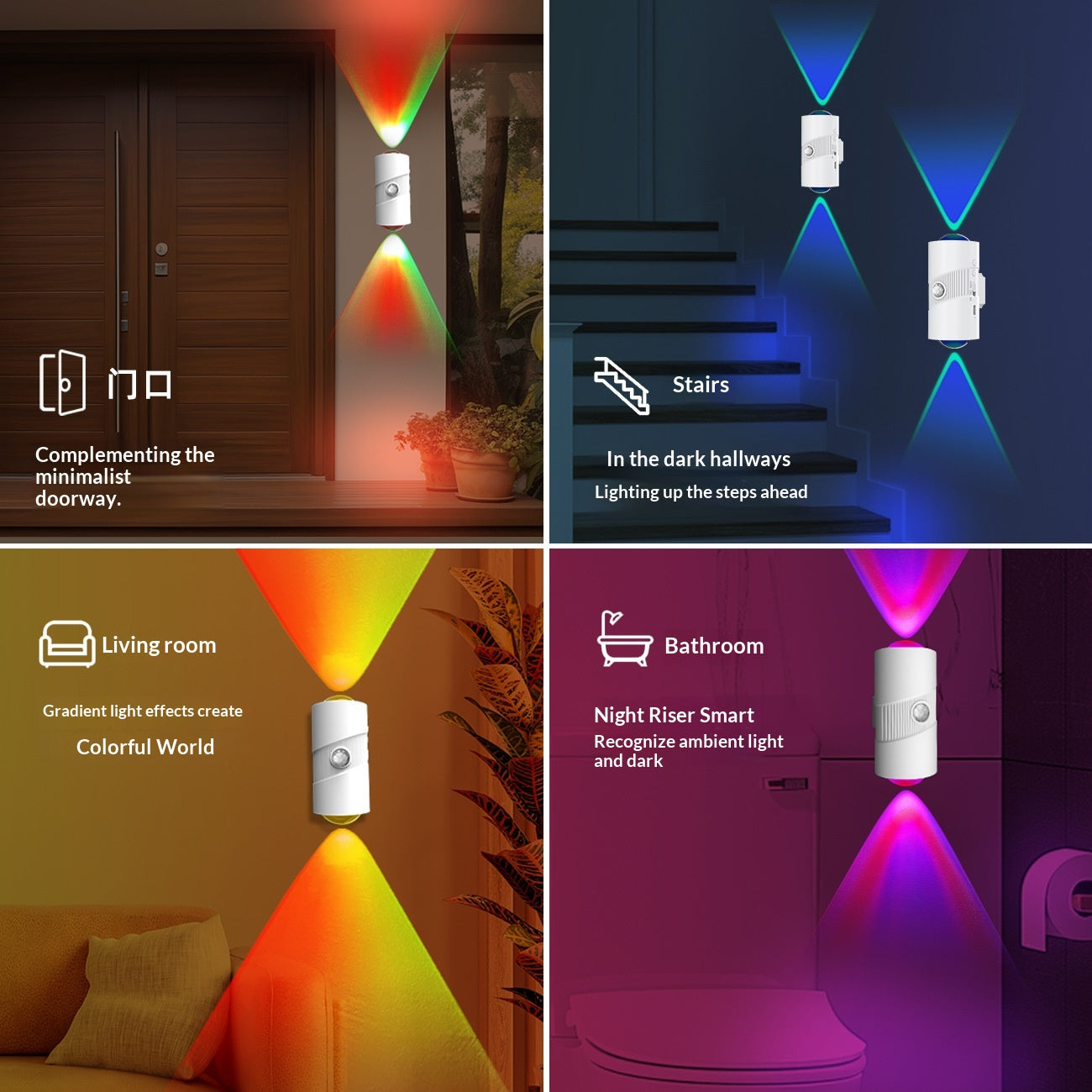 YSJ-008A 2Pcs RGB Night Light Smart Motion Sensor 4-level Brightness Magnetic Wall Light for Hallway