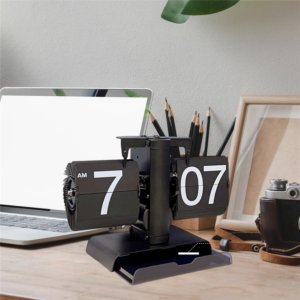 Vintage Auto Flip Clock with Drawer Mechanical Balance Flip Desk Clock for Living Room