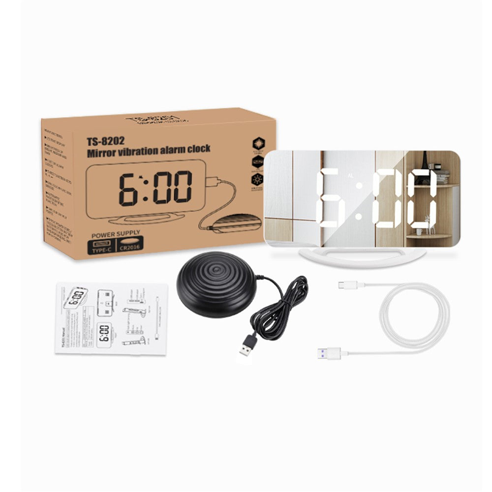TS-8202 Digital Clock Large Display LED Electric Alarm Clock Vibration Design Mirror Surface Diming Mode 3 Levels Brightness USB Rechargeable Modern Decoration for Home Bedroom Office