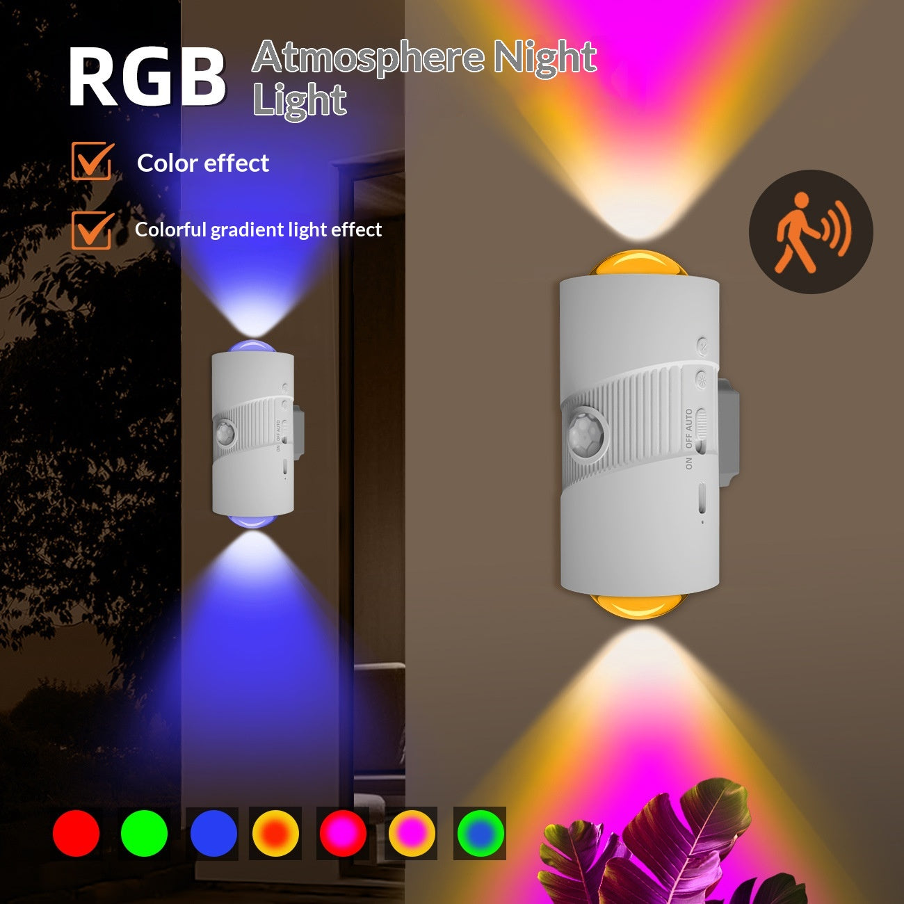 YSJ-008A 1Pc RGB Night Light Smart Motion Sensor 4-level Brightness Magnetic Wall Light for Hallway