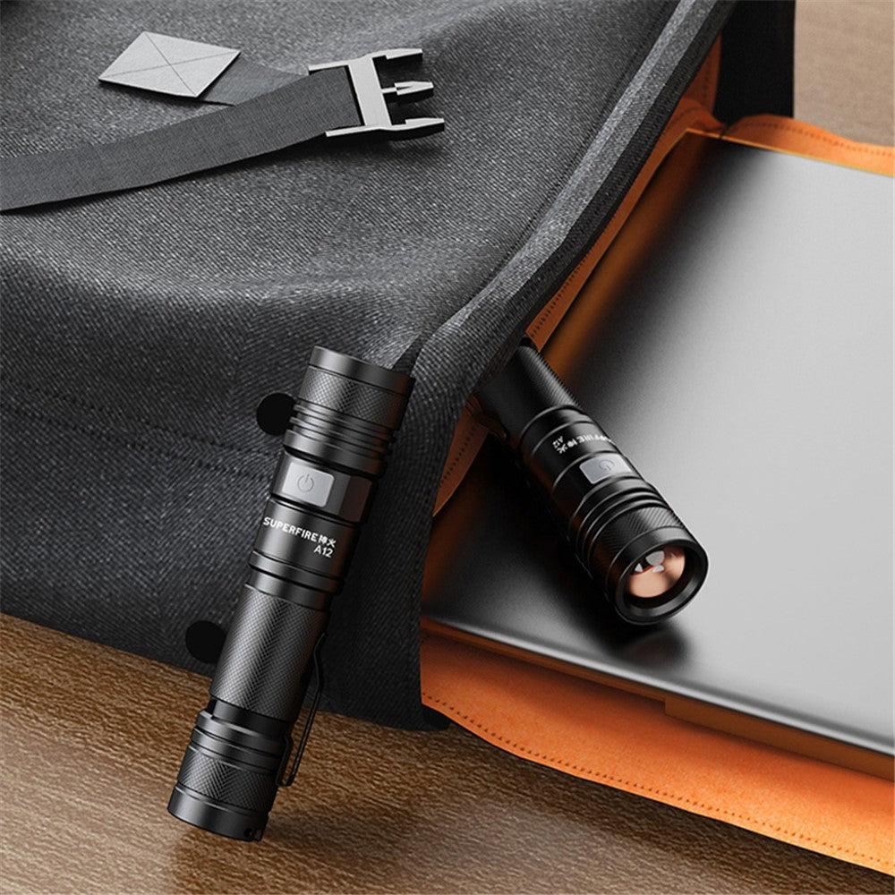 SUPERFIRE A12 LED Flashlight 850 Lumen Small Extremely Bright 15W Flash Light, Zoomable, Water Resistant, Adjustable Brightness for Camping, Running, Emergency (with Battery)