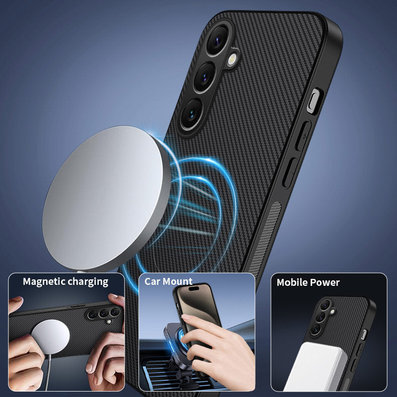 WANLONFENG For Samsung Galaxy A57 5G Magnetic Case  TQ1 Series Carbon Fiber Texture PC TPU Phone Cover with 2Pcs Screen Films