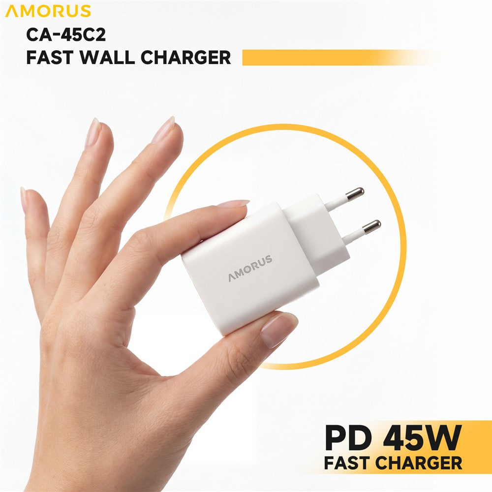 AMORUS Dual USB-C GaN Netzteil: 45W Schnellladung für iPhone, MacBook, iPad | EU Stecker
