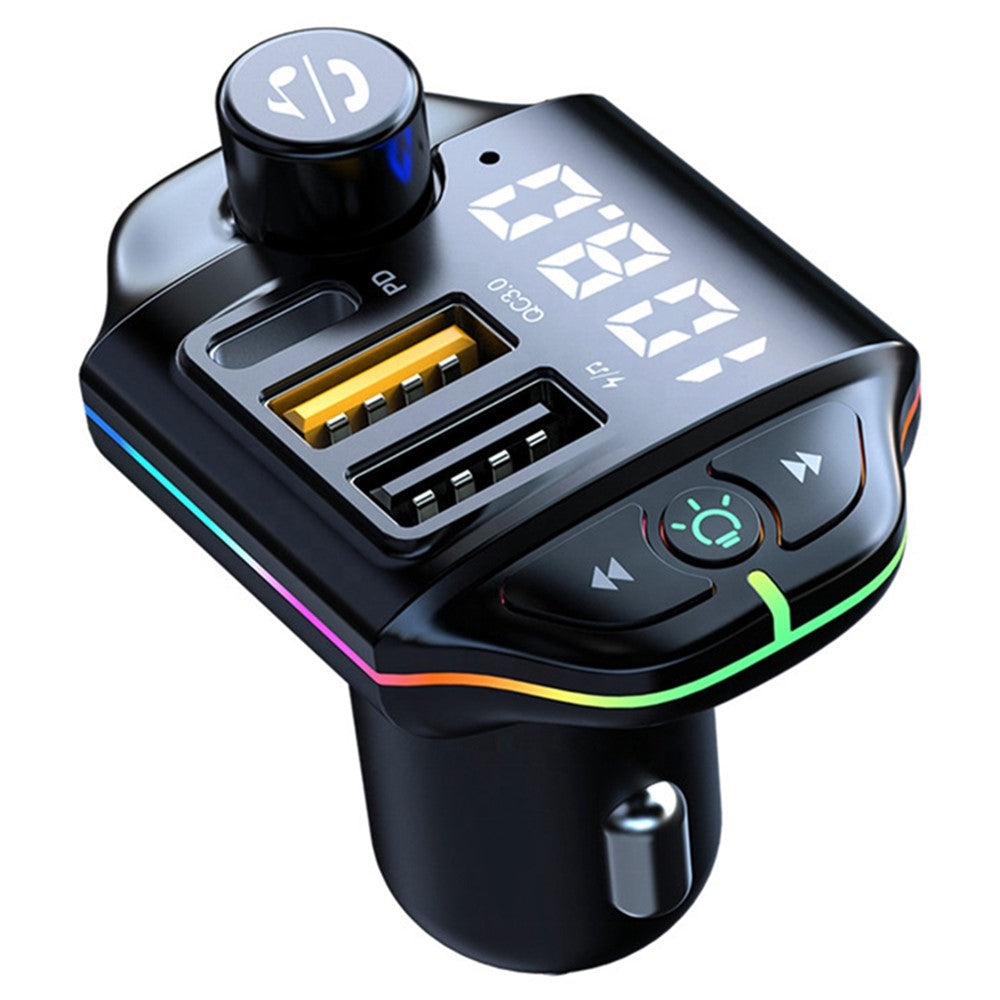 ZTB-A10 Bluetooth 5.0 FM Transmitter, Freisprecheinrichtung, Auto MP3 Player, bunte Beleuchtung, USB-C + Dual USB Ladegerät