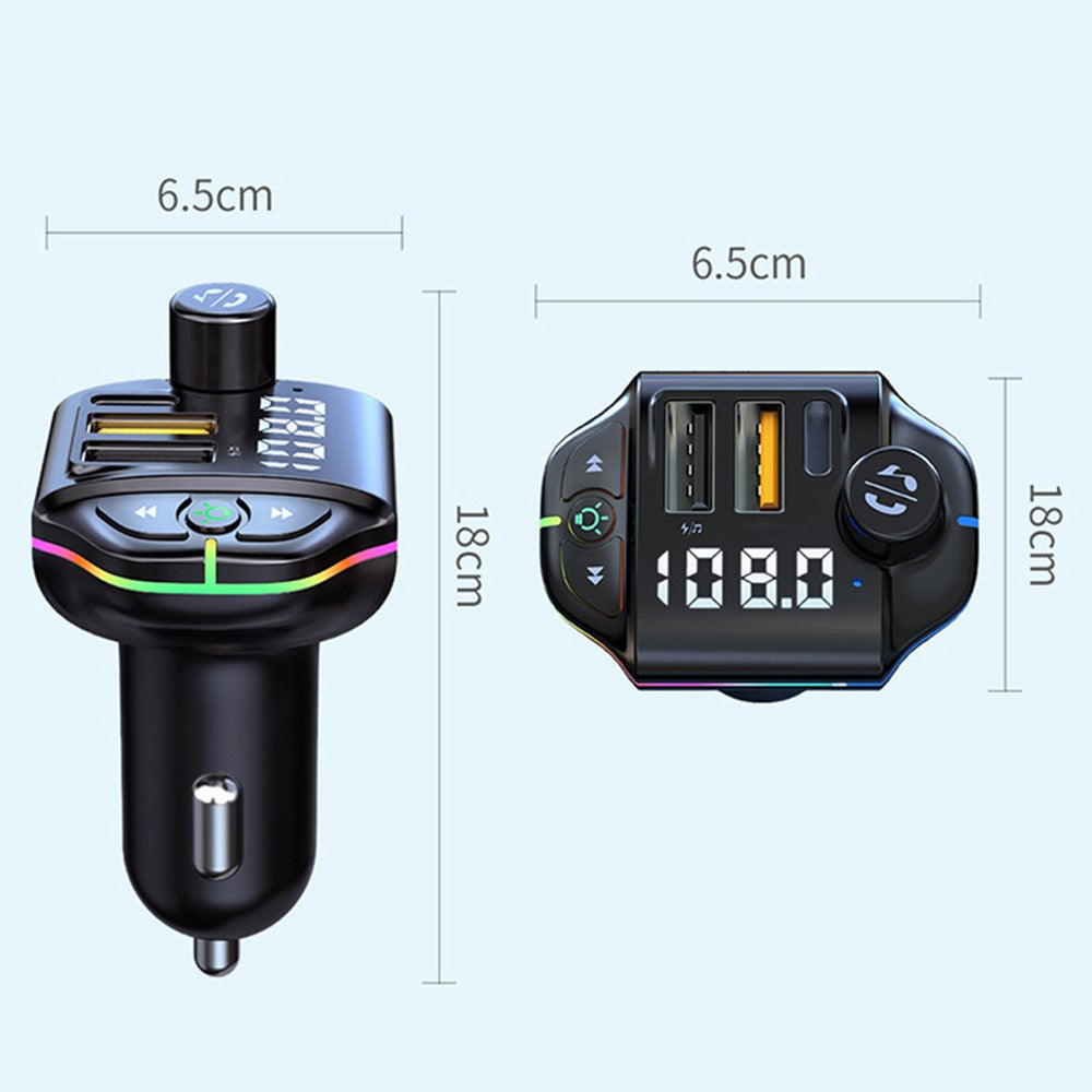 ZTB-A10 Bluetooth 5.0 FM Transmitter, Freisprecheinrichtung, Auto MP3 Player, bunte Beleuchtung, USB-C + Dual USB Ladegerät