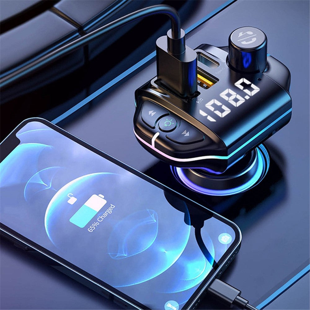 ZTB-A10 Bluetooth 5.0 FM Transmitter, Freisprecheinrichtung, Auto MP3 Player, bunte Beleuchtung, USB-C + Dual USB Ladegerät