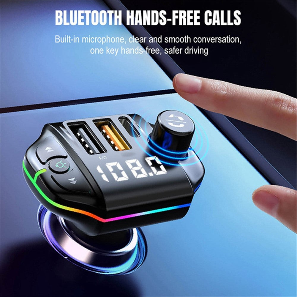 ZTB-A10 Bluetooth 5.0 FM Transmitter, Freisprecheinrichtung, Auto MP3 Player, bunte Beleuchtung, USB-C + Dual USB Ladegerät