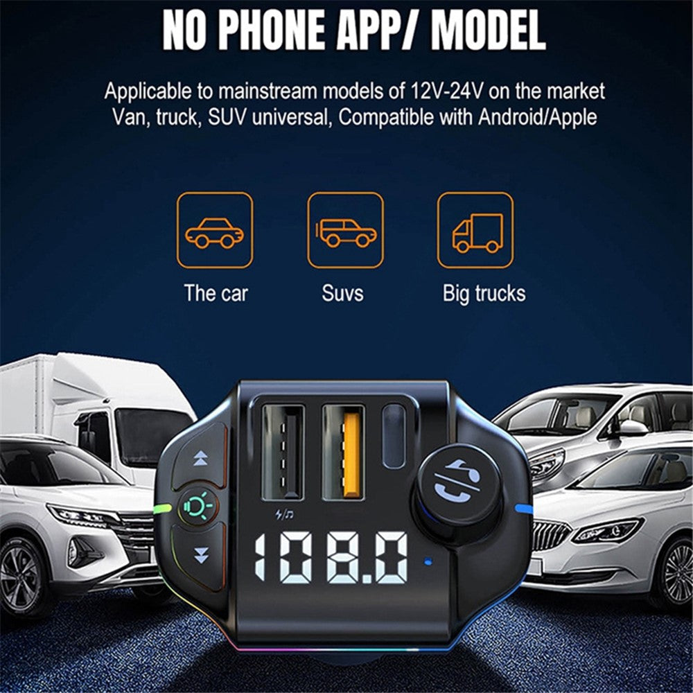ZTB-A10 Bluetooth 5.0 FM Transmitter, Freisprecheinrichtung, Auto MP3 Player, bunte Beleuchtung, USB-C + Dual USB Ladegerät