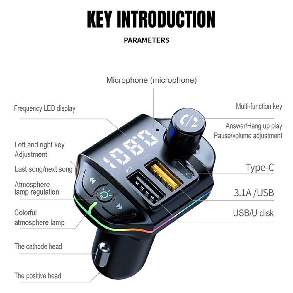 ZTB-A10 Bluetooth 5.0 FM Transmitter, Freisprecheinrichtung, Auto MP3 Player, bunte Beleuchtung, USB-C + Dual USB Ladegerät