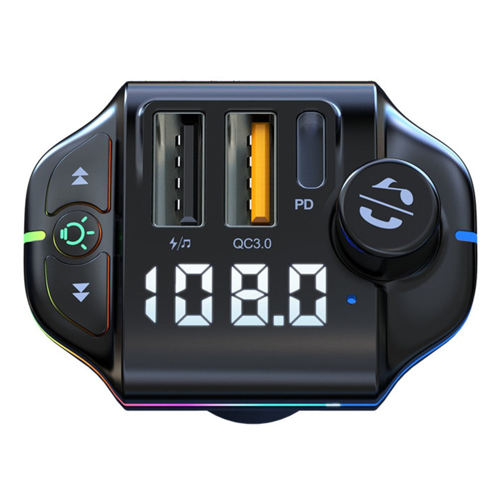 ZTB-A10 Bluetooth 5.0 FM Transmitter, Freisprecheinrichtung, Auto MP3 Player, bunte Beleuchtung, USB-C + Dual USB Ladegerät