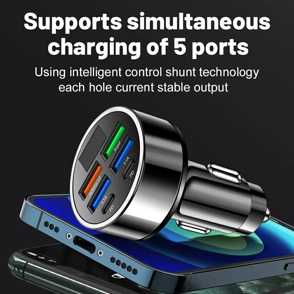 100W High Power 6-Port Car Charger PD QC3.0 Fast Charging Adapter with Voltage Display