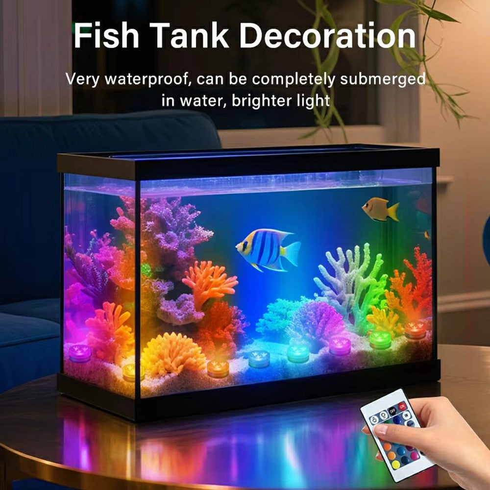 2Pcs RGB LED Underwater Light 16 Colors Fish Tank Decorative Light IP68 Waterproof Submersible Pool Lamp with Remote