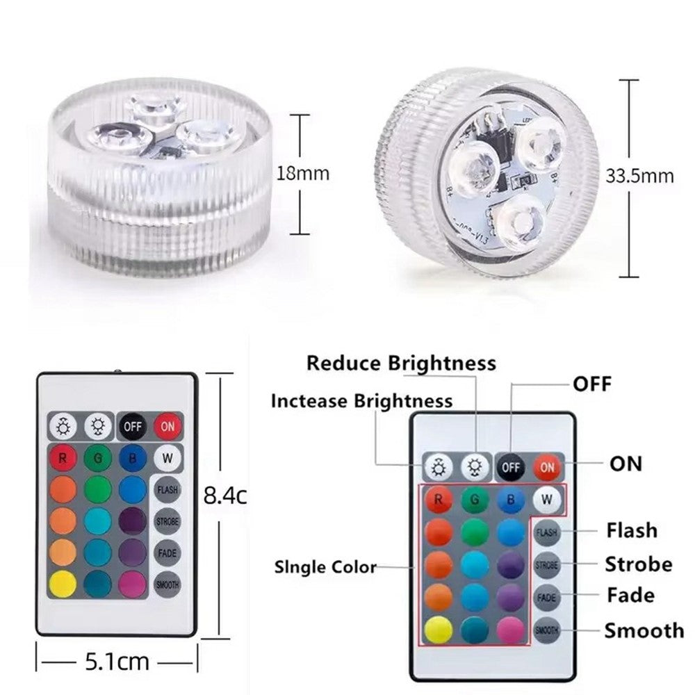 10Pcs RGB LED Underwater Light 16 Colors Fish Tank Decorative Light IP68 Waterproof Submersible Pool Lamp with Remote