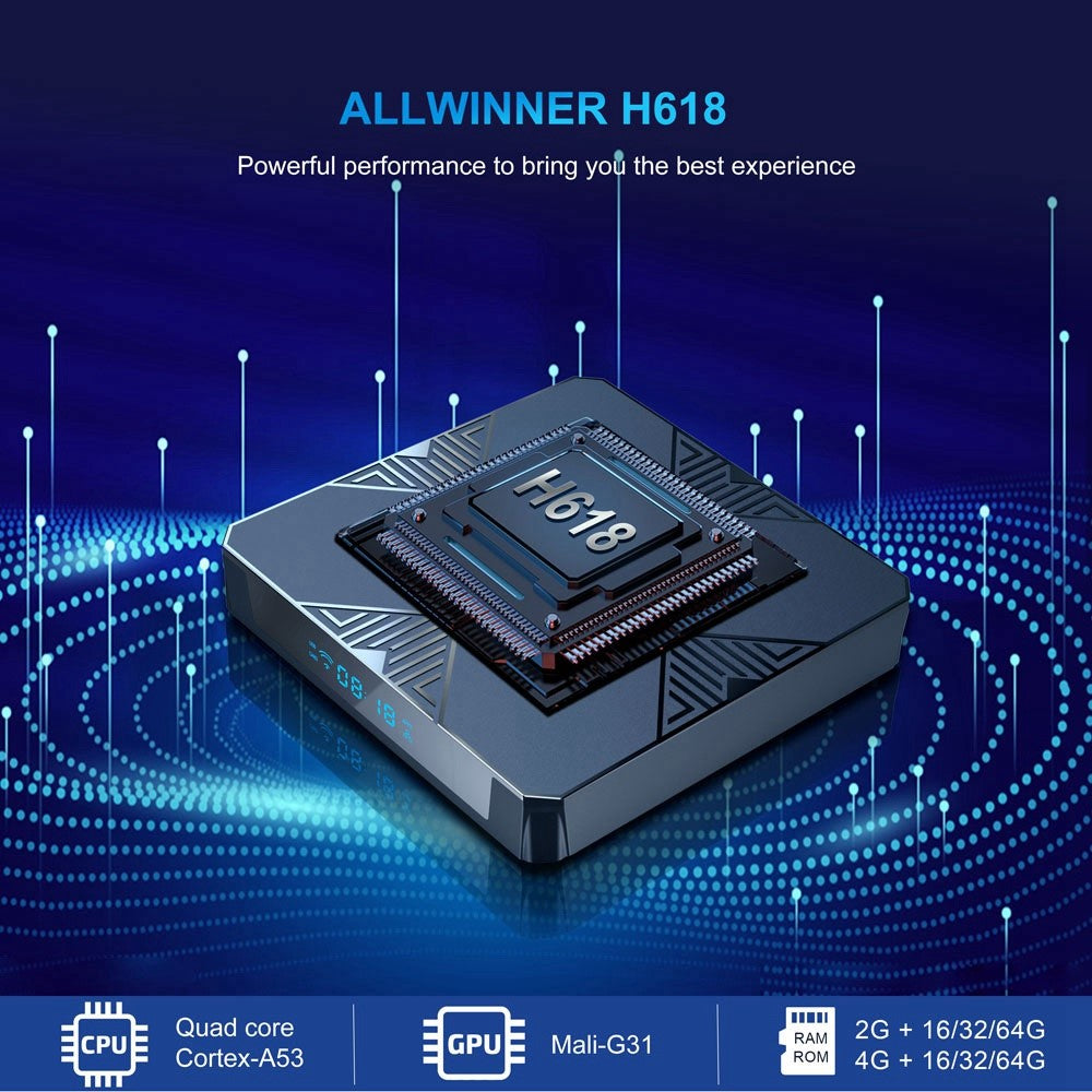 X98H Android TV Box 12.0 Allwinner H618 Quad-Core Streaming Media Player Support Dual WiFi 2.4GHz / 5GHz 4K Output 100M LAN Ethernet (4G+32G)