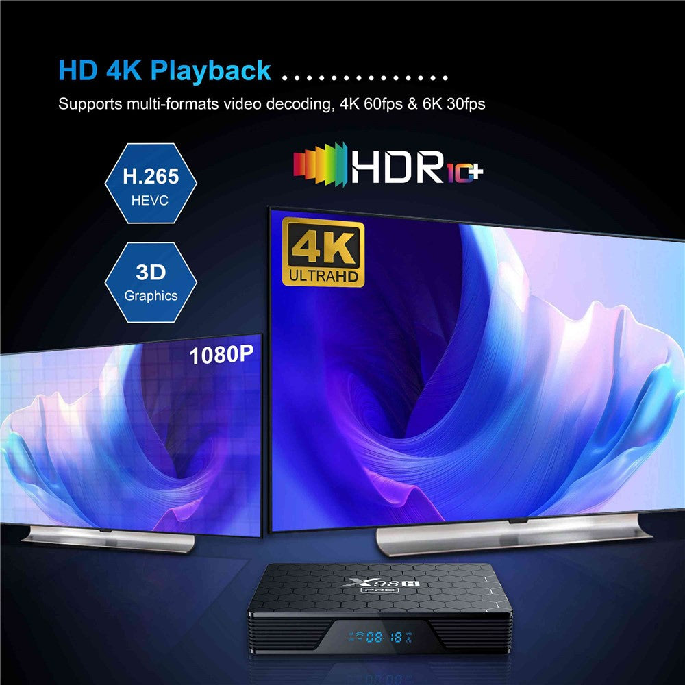 X98H Pro 2.4G / 5.8G Dual-Band WiFi6 Android 12 Smart TV Box Allwinner H618 1000M Ethernet Quad-Core 6K Video Output Media Player (4G+64G)