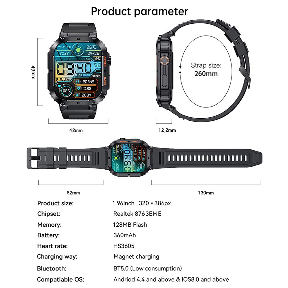 K57 Pro Smartwatch 1,96 Zoll mit Bluetooth-Anruffunktion und Gesundheitsüberwachung