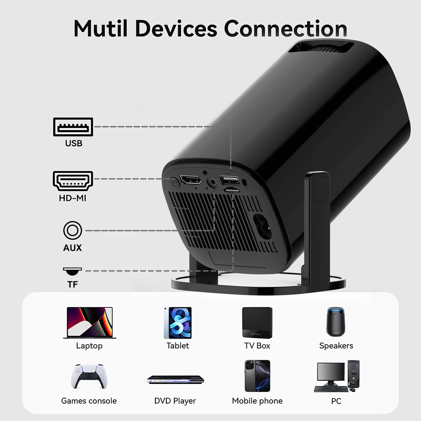 V1 Smart Video Projector 200 ANSI Android 14 Automatic Keystone Correction WiFi / Bluetooth-compatible Home Theater, 1+8GB
