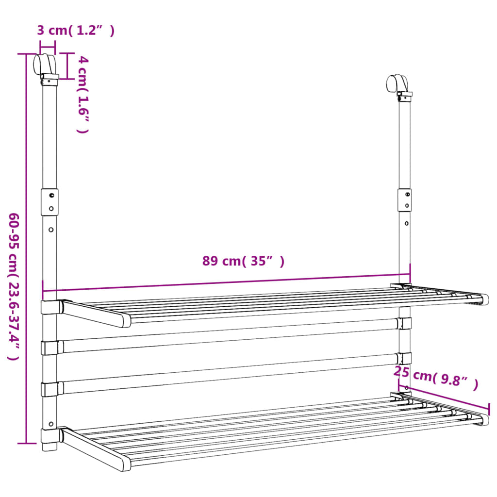 Wäschetrockner Für Balkon 89X25X(60-95) Cm Aluminium