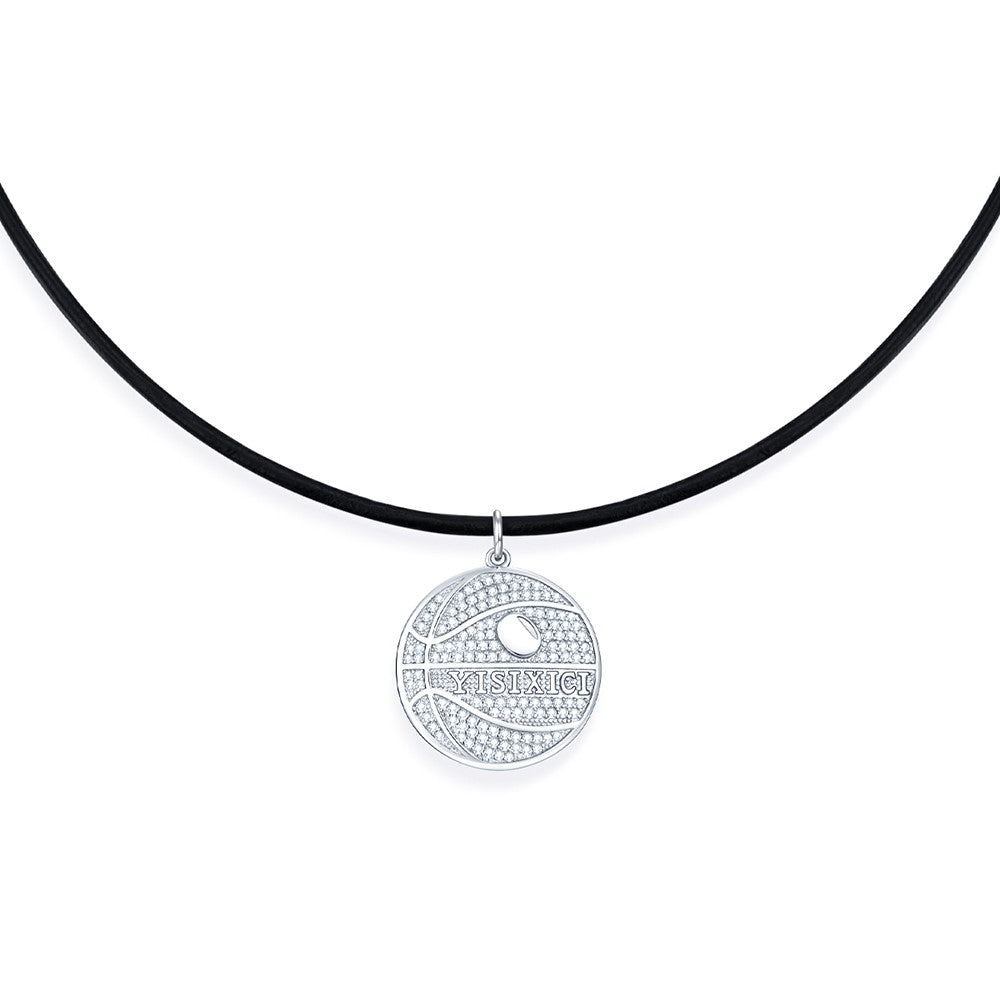 YISIXICI XL13140040 Zirconia Basketball Pendant Necklace S925 Silver Neck Jewelry with Cowhide Leather Rope