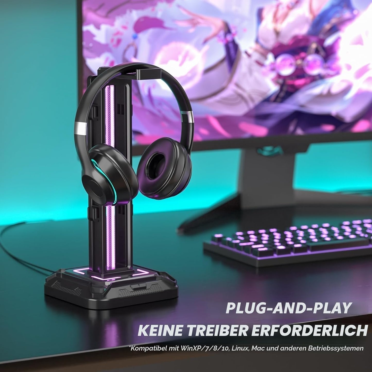 KDD Gaming Kopfhörer Ständer Led Mit 9 Lichtmodi - Drehbarer Headset Halterung Tisch Mit Abnehmbarer Controller Halterung - Headset Ständer Gaming Zubehör Für Gamer PC Xbox ONE Ps5(Schwarz)